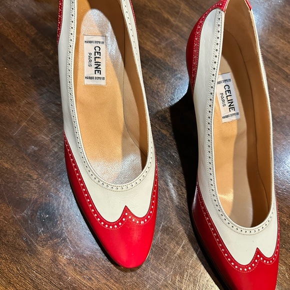 Celine Shoes - Vintage NEVER WORN Celine Paris two tone Oxford style red and white Heels